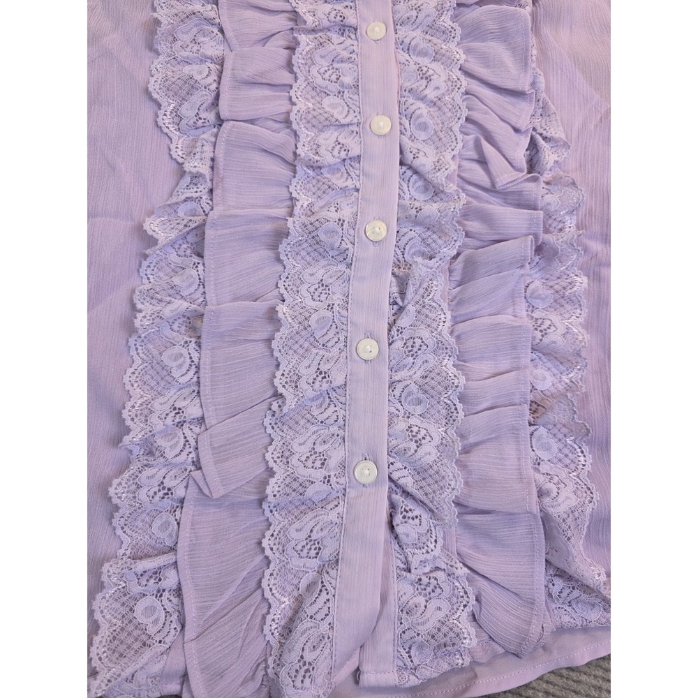LOFT Women's Lavender Ruffle Lace Trim Long Sleeve Blouse Sheer Sz XXS NWT - Picture 6 of 13